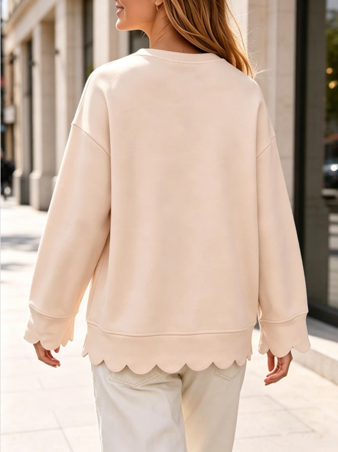 Scalloped Hem Crew Neck Long Sleeve Relaxed Sweatshirt