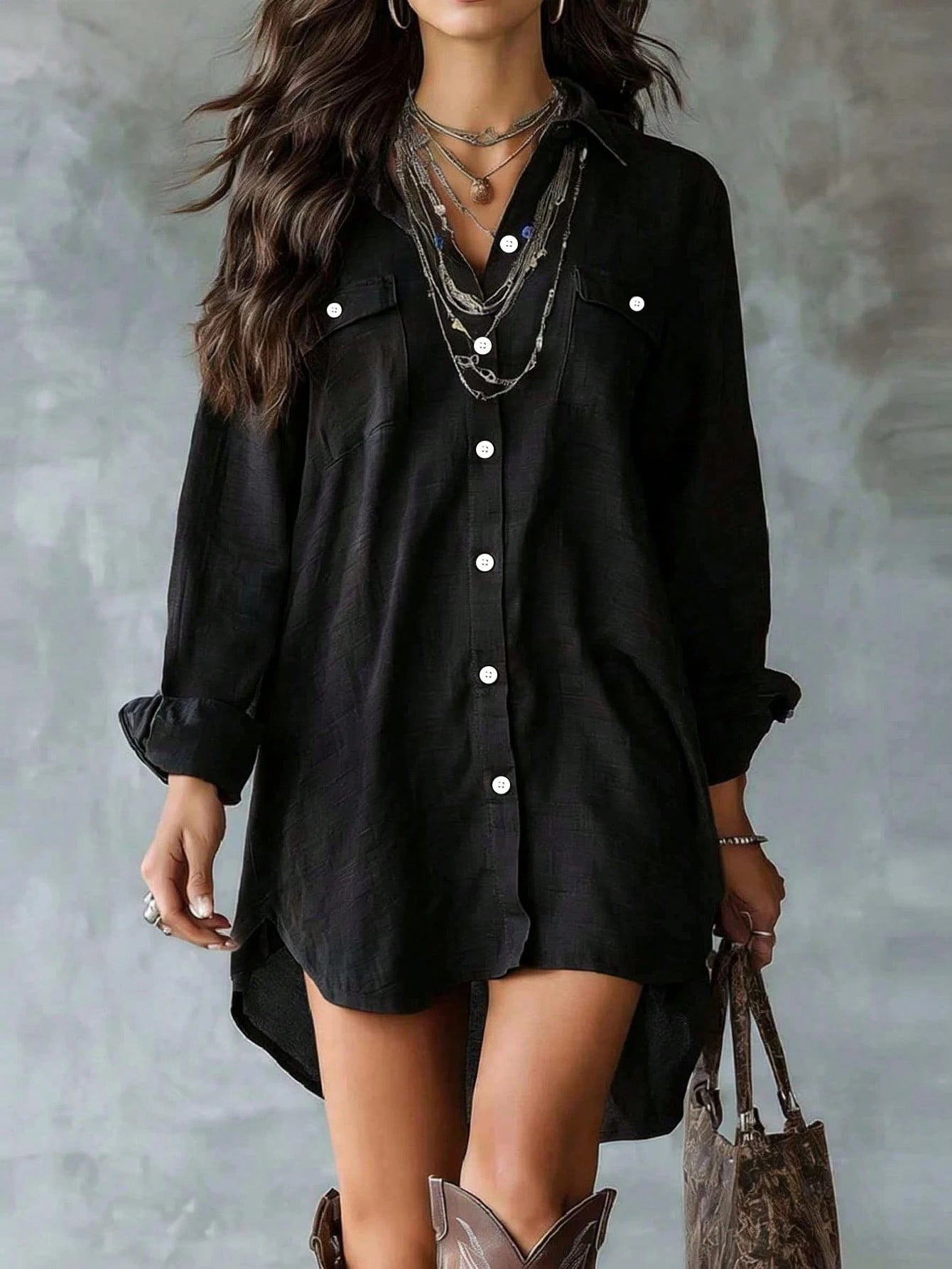 Button Front Collared High Low Shirt Dress with Dual Pockets
