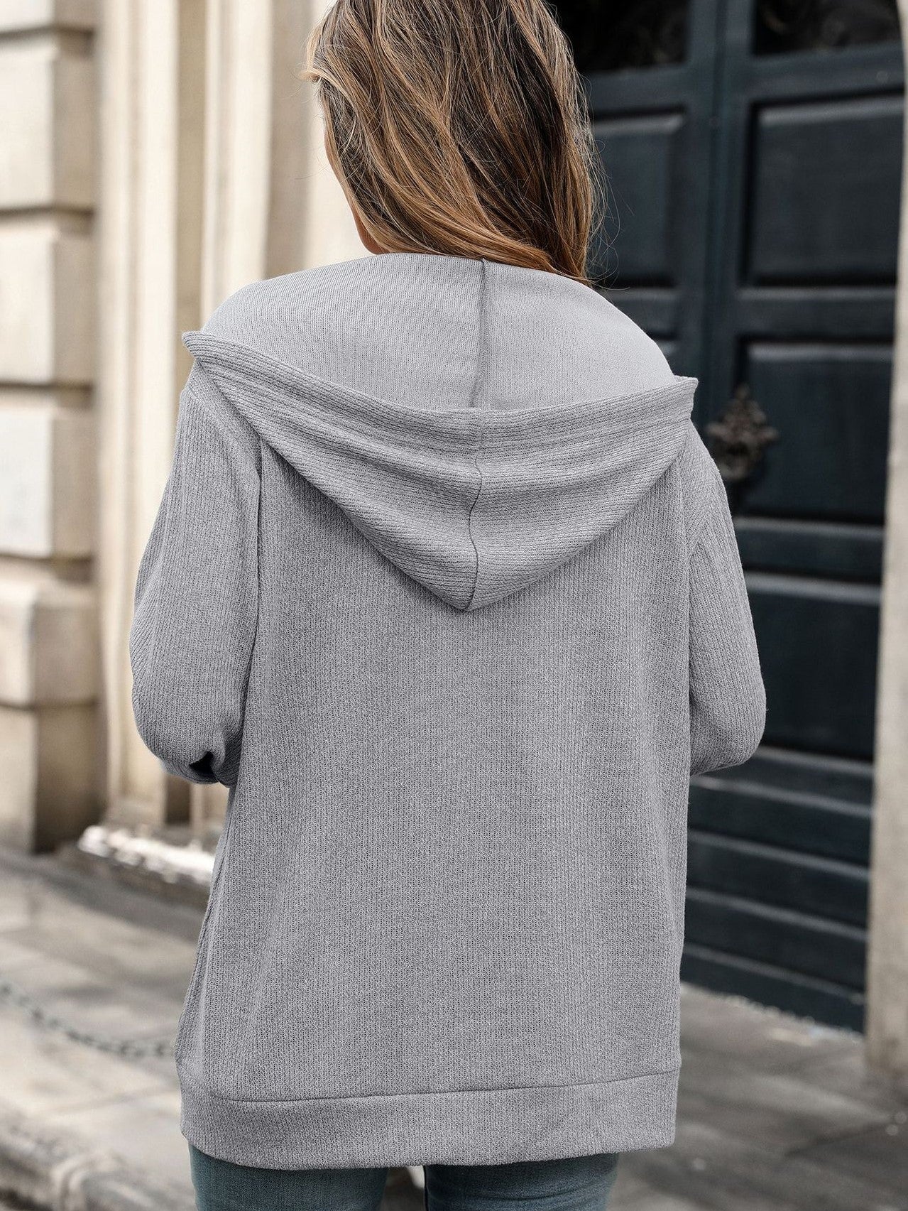 Women's Minimalist Full Zip Hooded Knit Jacket with Pockets