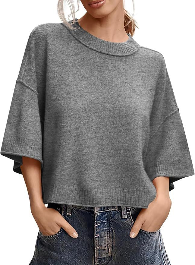 Women's Cropped Knit Sweater, Relaxed Crewneck Pullover with Wide Sleeves in Khaki, Black, Gray and White