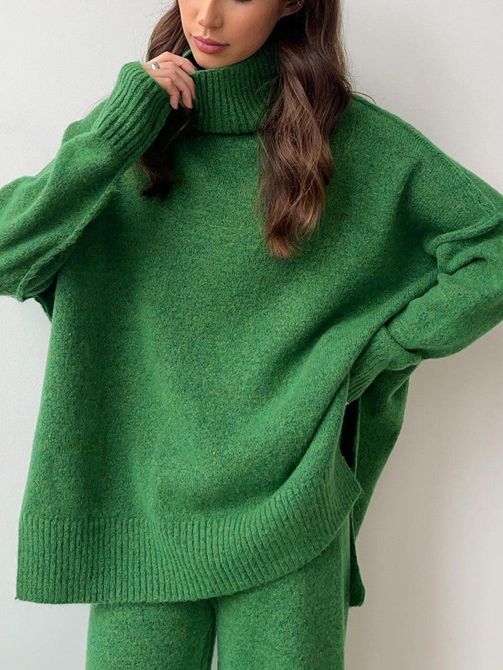 Green Turtleneck Sweater and Wide Leg Pants Knit Set