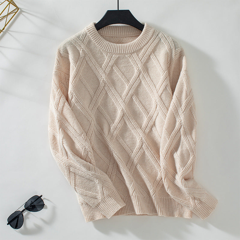 Loose Round Neck Diamond Knit Pullover Sweater