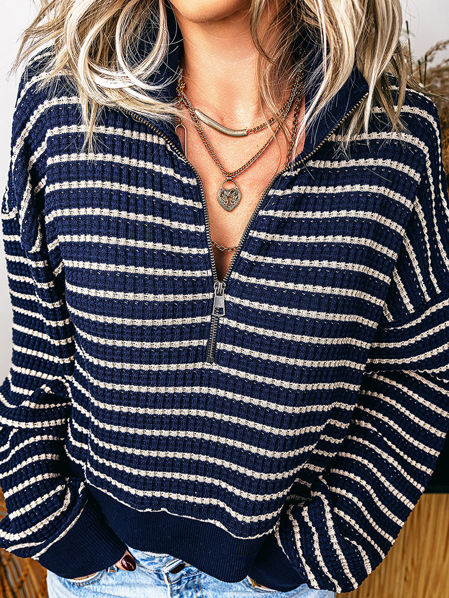 Navy Striped Half Zip Sweatshirt, Textured Long Sleeve Pullover Tops