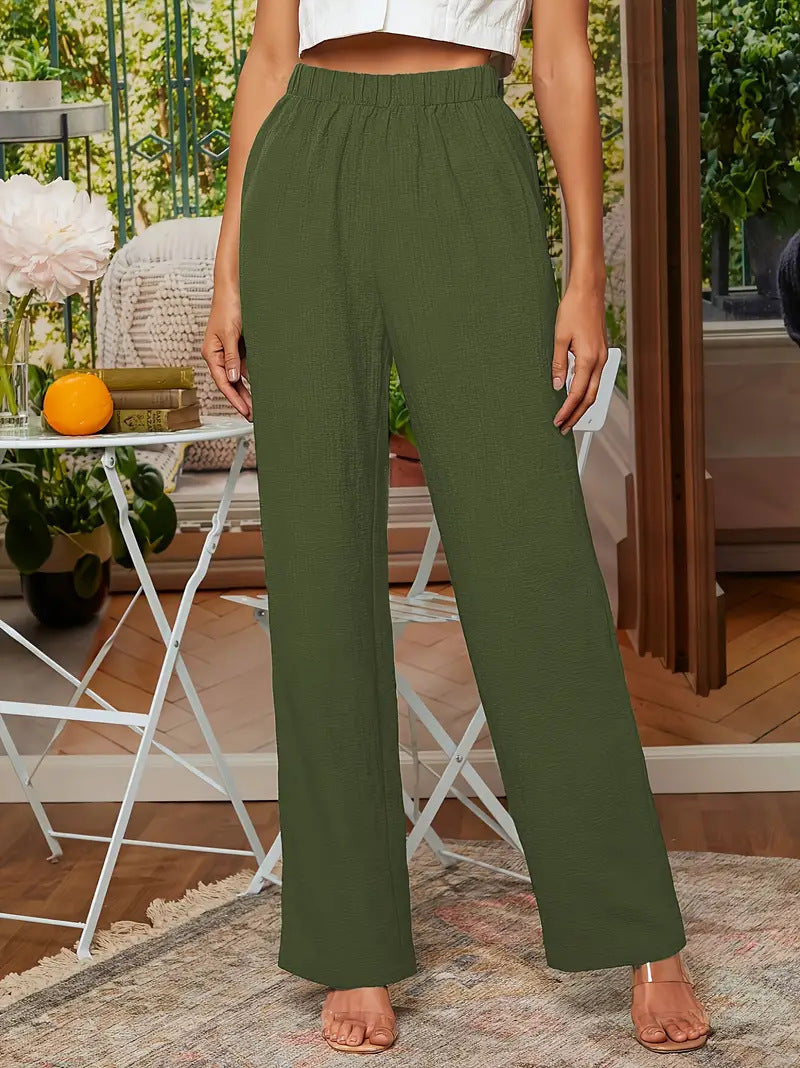 Solid Color Cotton Linen Wide-Leg Trousers