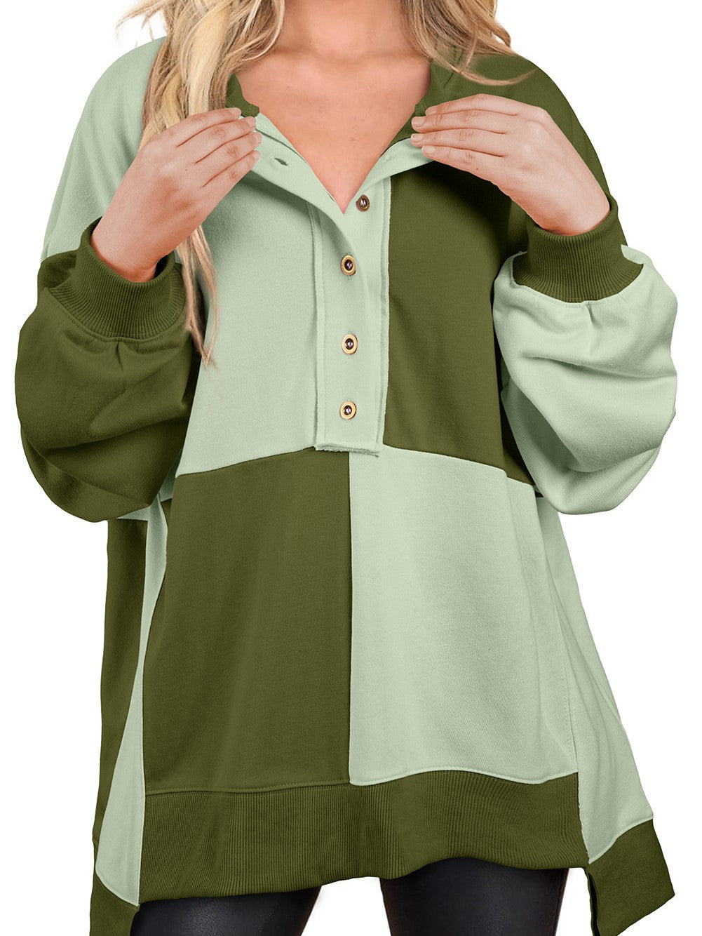 Boutique Color Block Henley Relaxed Long Sleeve Sweatshirt