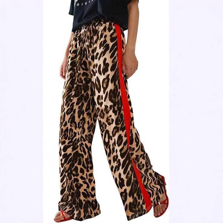 Leopard Print Spliced Loose Wide-Leg Trousers