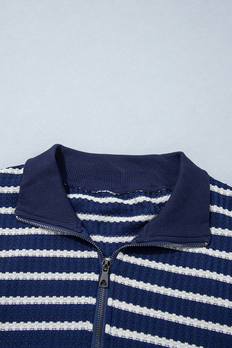 Navy Striped Half Zip Sweatshirt, Textured Long Sleeve Pullover Tops