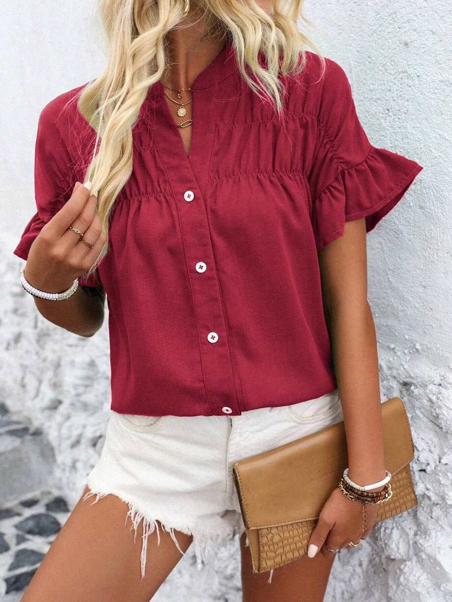 Solid Color Cotton Linen Short Sleeve Button Shirt