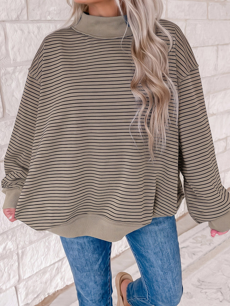 Women’s Oversized Striped Mock Neck Sweatshirt – Cotton Blend Long Sleeve Pullover, Pink, Green or Taupe