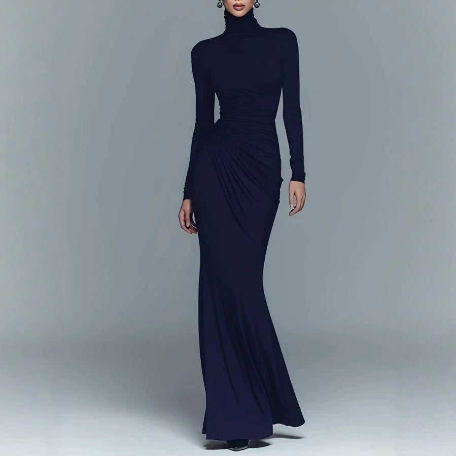 Ruched Turtleneck Long Sleeve Slim Fit Maxi Dress for Ladies