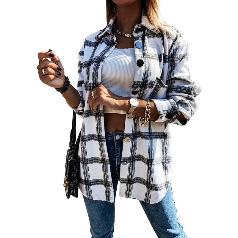 Women's White Plaid Button Front Long Sleeve Oversized Shirt