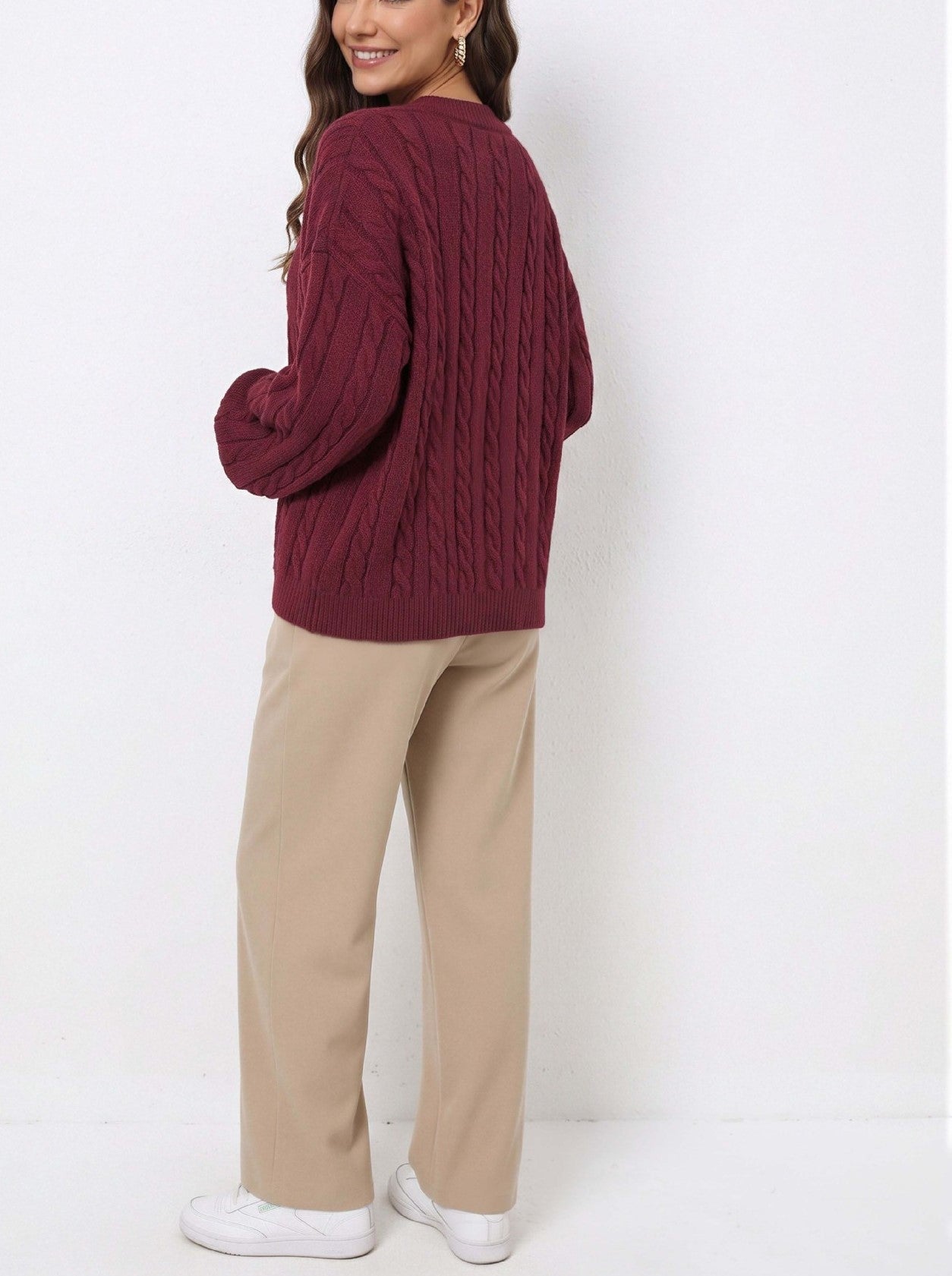 Women's V-Neck Cable Knit Sweater, Burgundy Relaxed Fit Pullover with Long Wide Sleeves