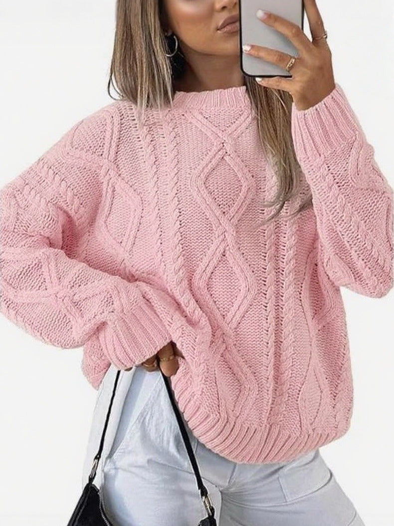 Minimalist Cable Knit Sweater Crewneck Long Sleeve Loose Fit