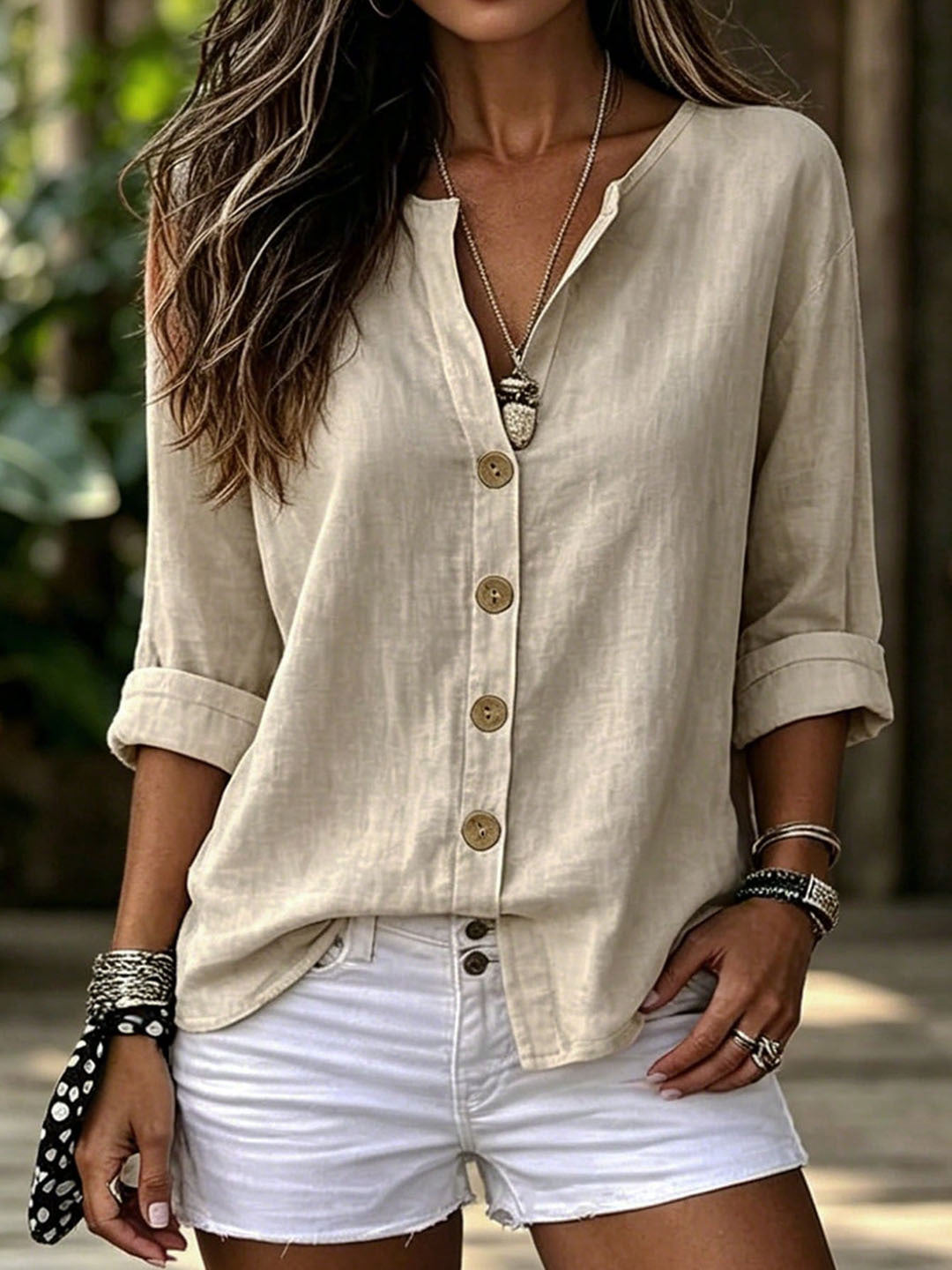 Women’s Casual V-Neck Button Blouse