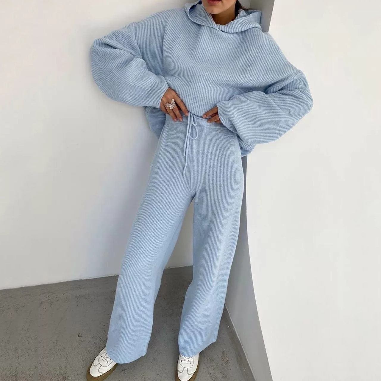 Minimalist Blue Knit Hoodie and Wide Leg Pants Two Piece Set