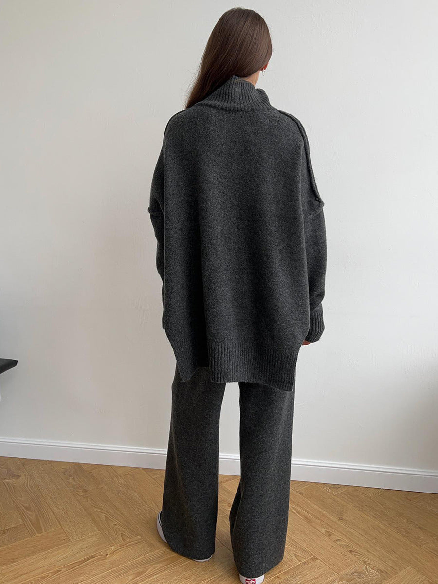 City Casual Mock Neck Knit Top and Wide Leg Pants Set