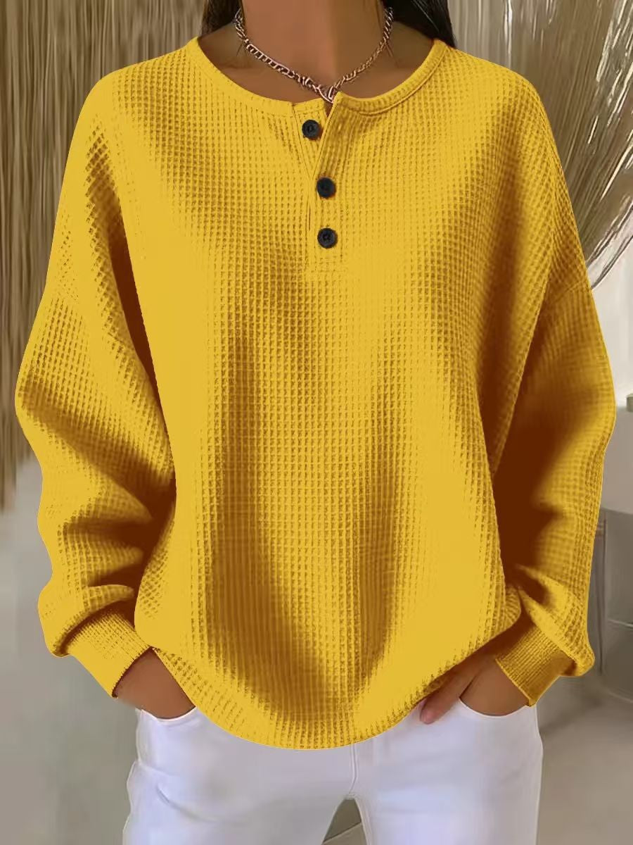 Women’s Waffle Knit Henley Long Sleeve Pullover （S–5XL）
