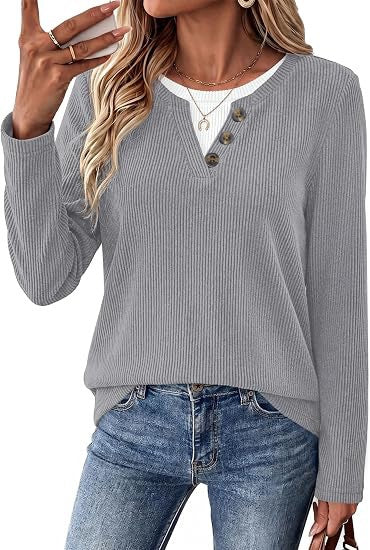 Women's Boutique Ribbed Henley Top with Contrast Neck Insert