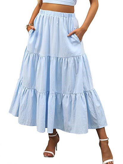 Bohemian Pleated A-Line Layered Long Skirt with Pocket