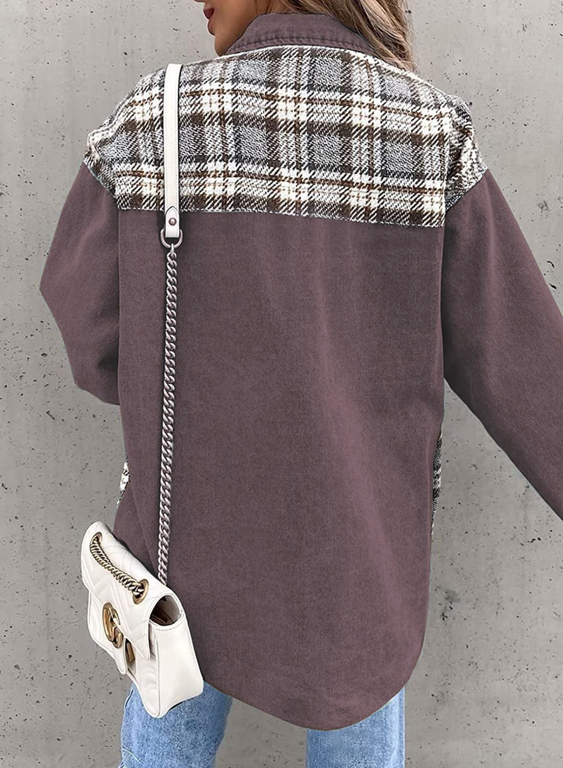 Women's Plaid Panel Button Front Long Sleeve Shirt Jacket