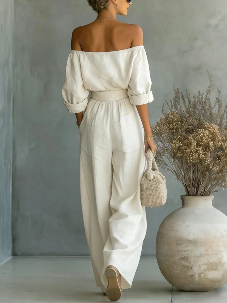 Off Shoulder Top and Wide Leg Pants Two Piece Set for Ladies