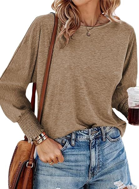 Women's Boutique Long Sleeve Crew Neck Smocked Cuff Top