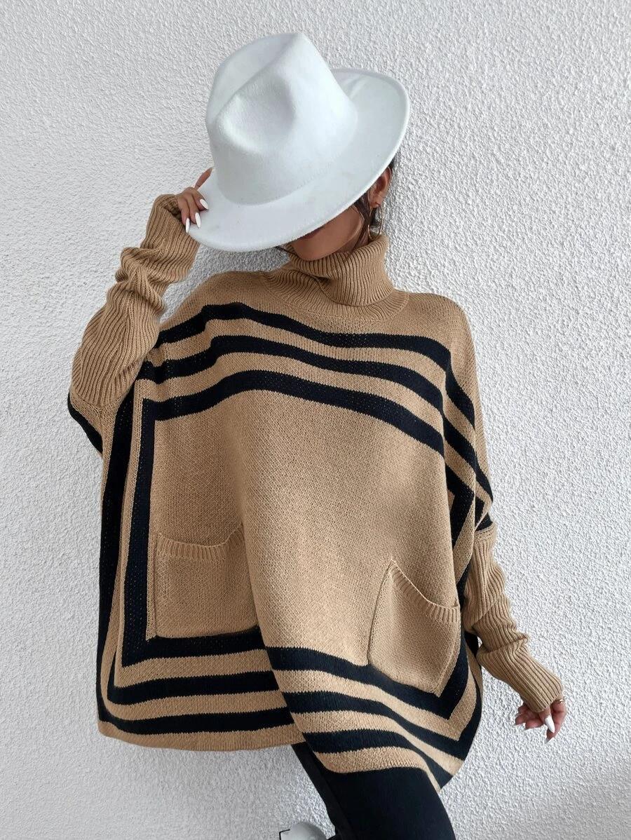 Boutique Striped Turtleneck Pocket Tunic Sweater
