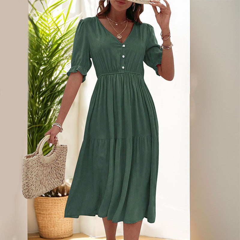 Solid Color V-Neck Waist Dress for Women