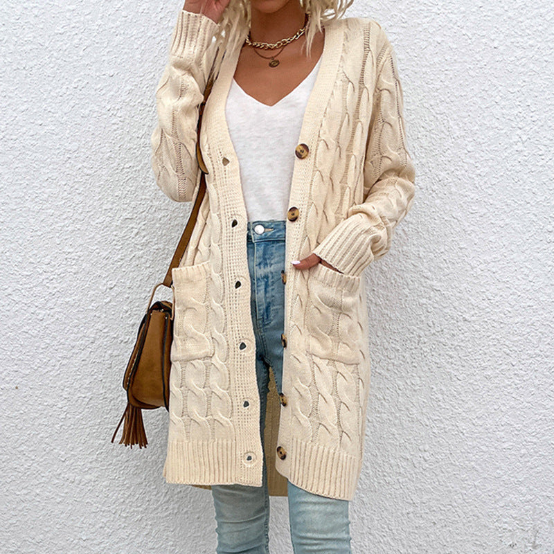 Boutique Cable Knit Longline Button Front Pocket Cardigan