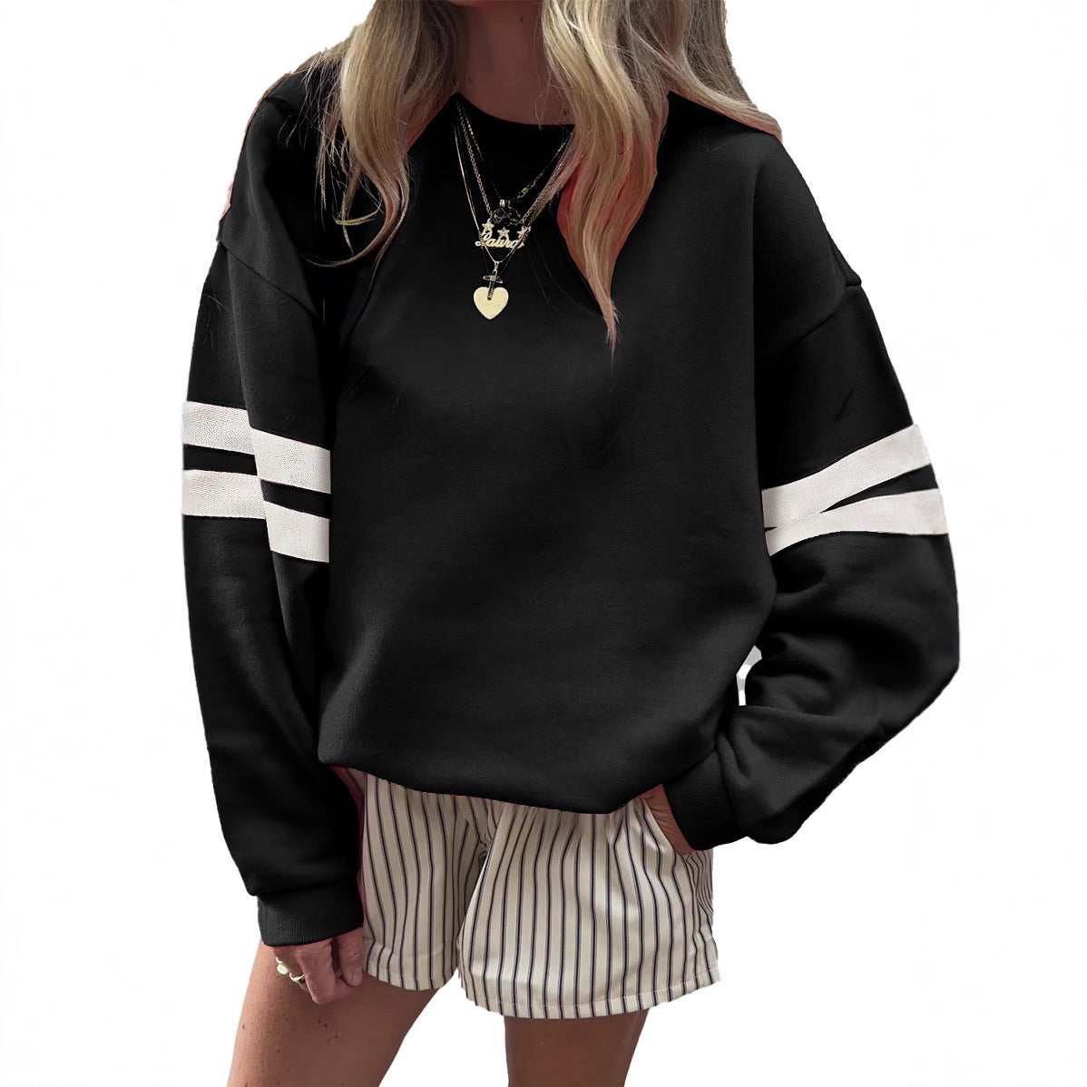 Boutique Double Stripe Sleeve Relaxed Cotton Blend Sweatshirt