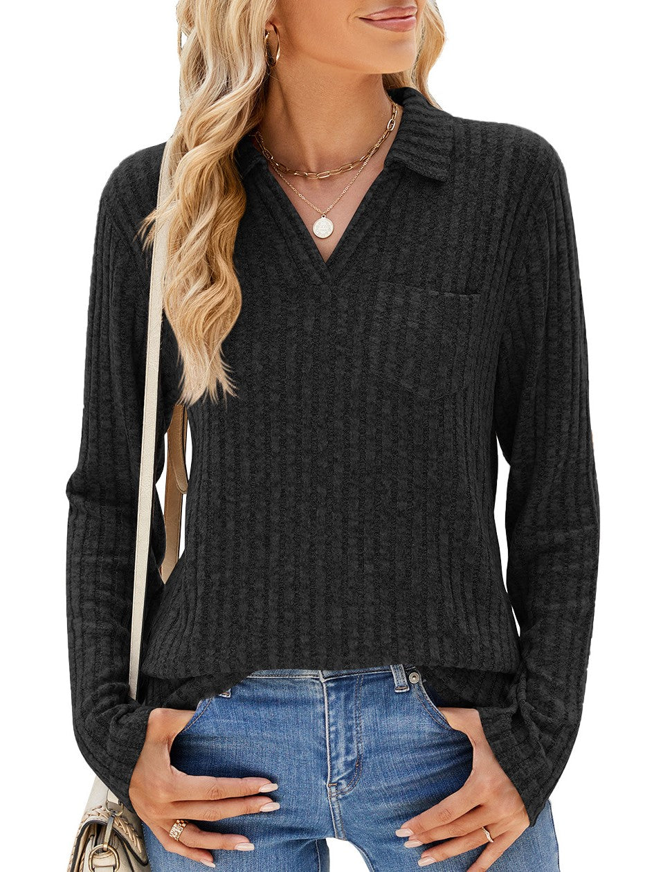 Women's Ribbed Collared V-Neck Long Sleeve Sweater