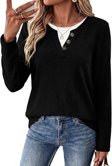 Women's Boutique Ribbed Henley Top with Contrast Neck Insert