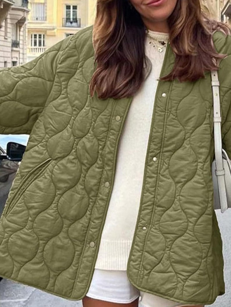 Minimalist Collarless Quilted Snap Front Jacket
