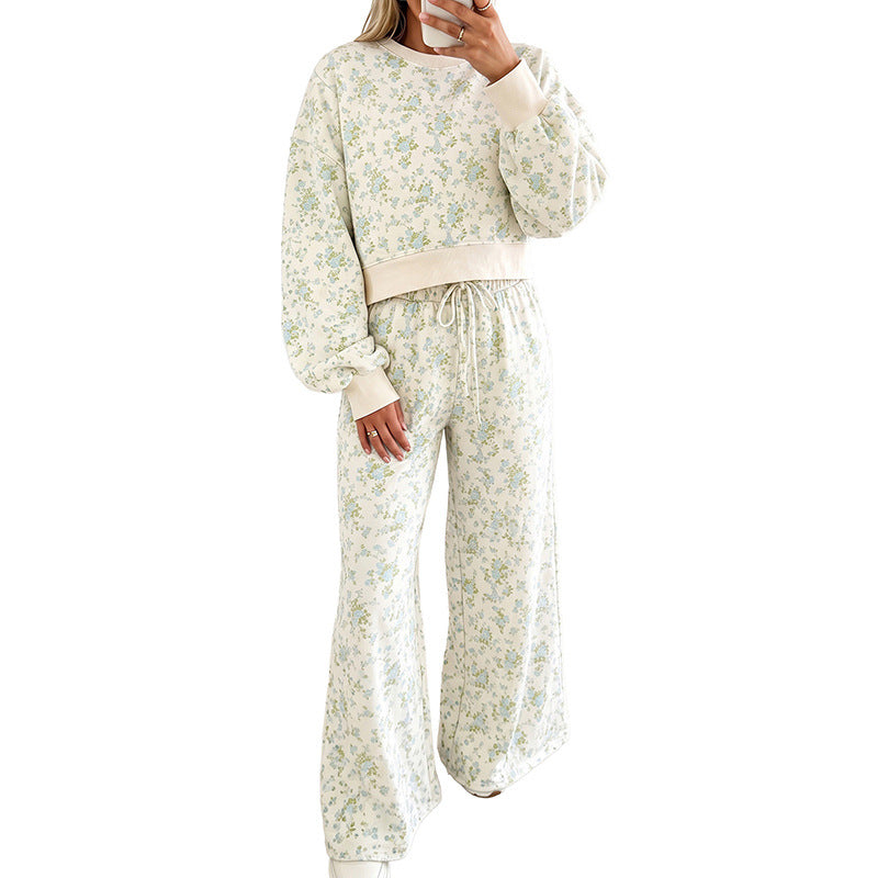 Floral Print Long Sleeve Sweatshirt & Wide Leg Pants Set