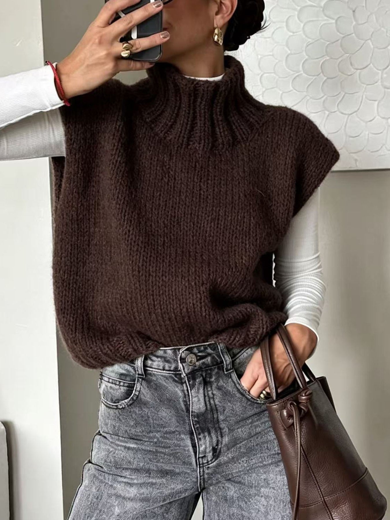 Minimalist Mock Neck Relaxed Knit Sweater Vest