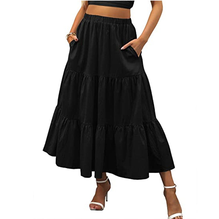 Bohemian Pleated A-Line Layered Long Skirt with Pocket