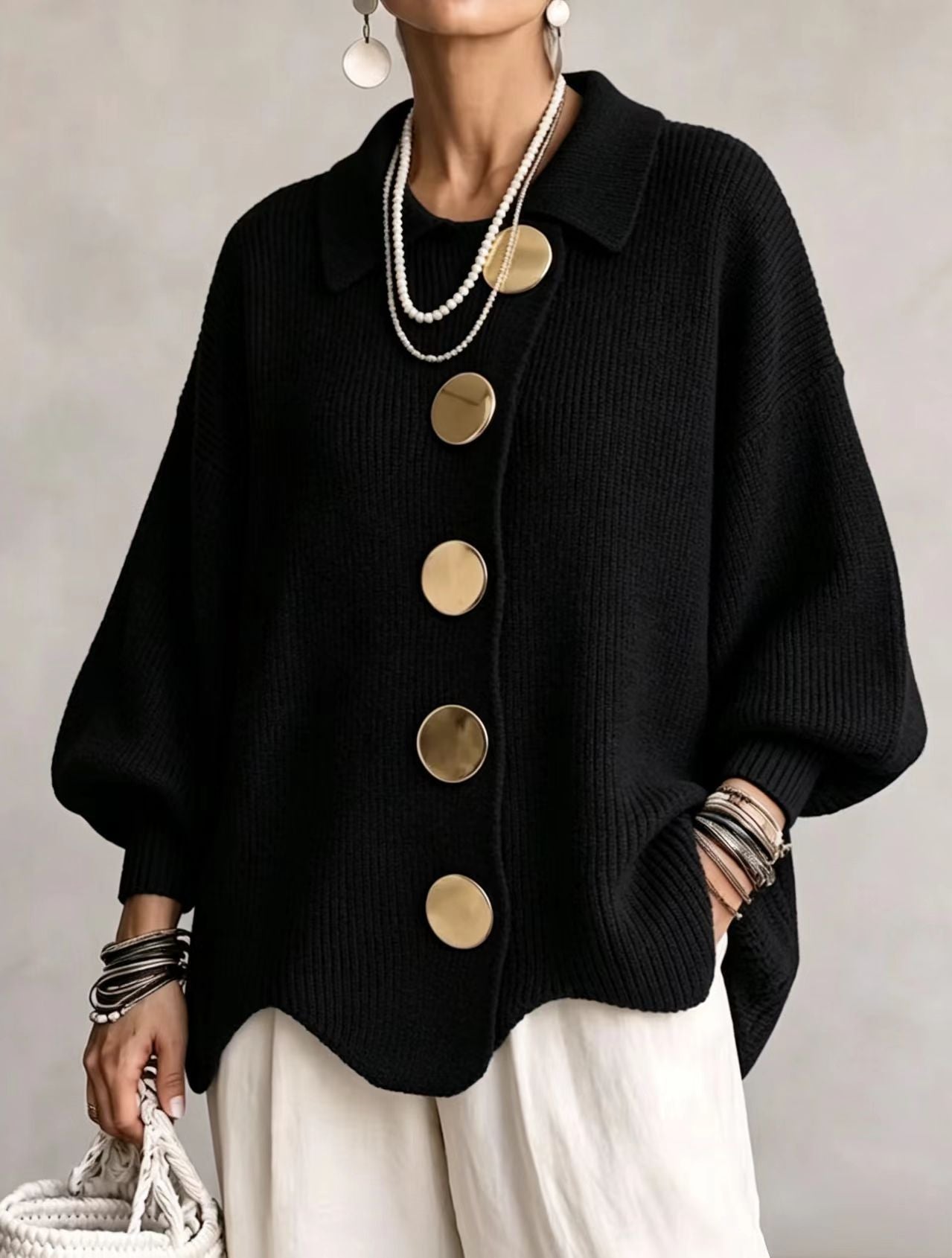 Elevated Gold Button Collared Knit Cardigan