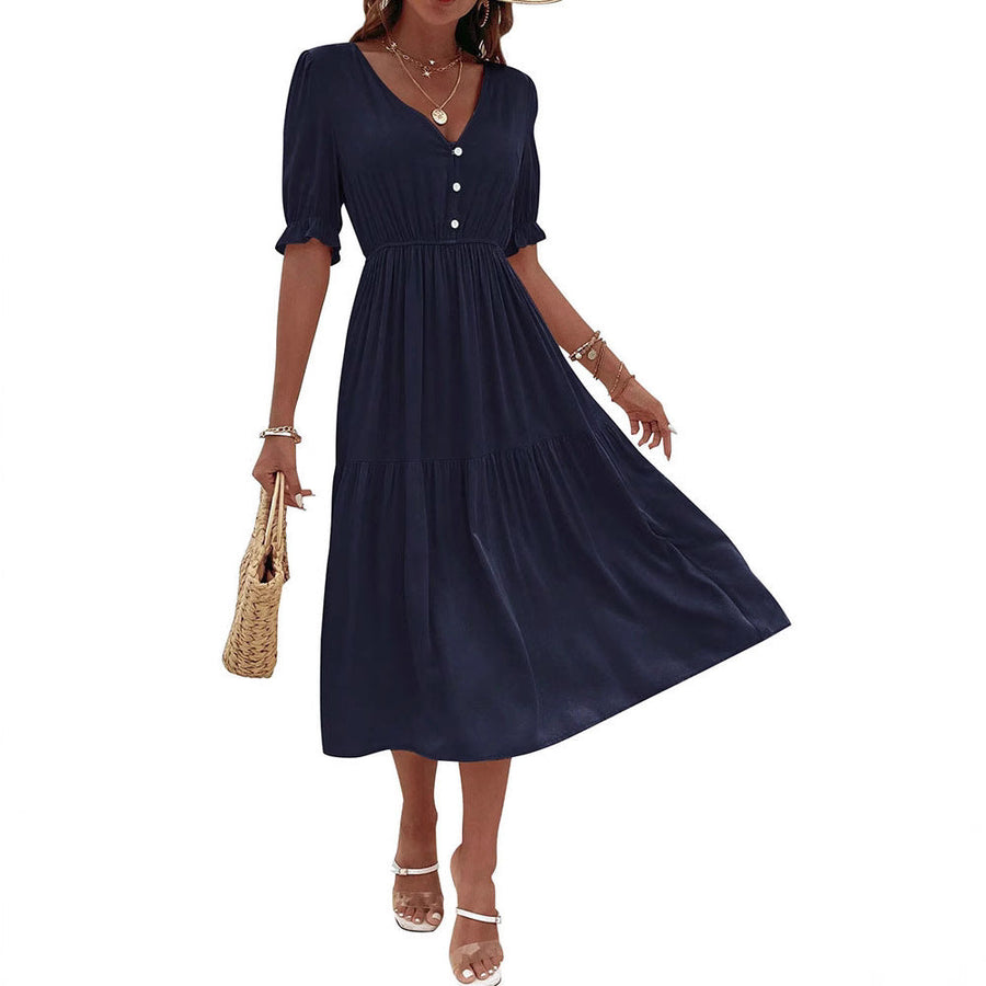 Solid Color V-Neck Waist Dress for Women