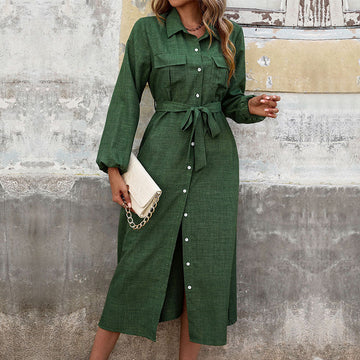 Lapel Long Sleeve Solid Color Green Dress