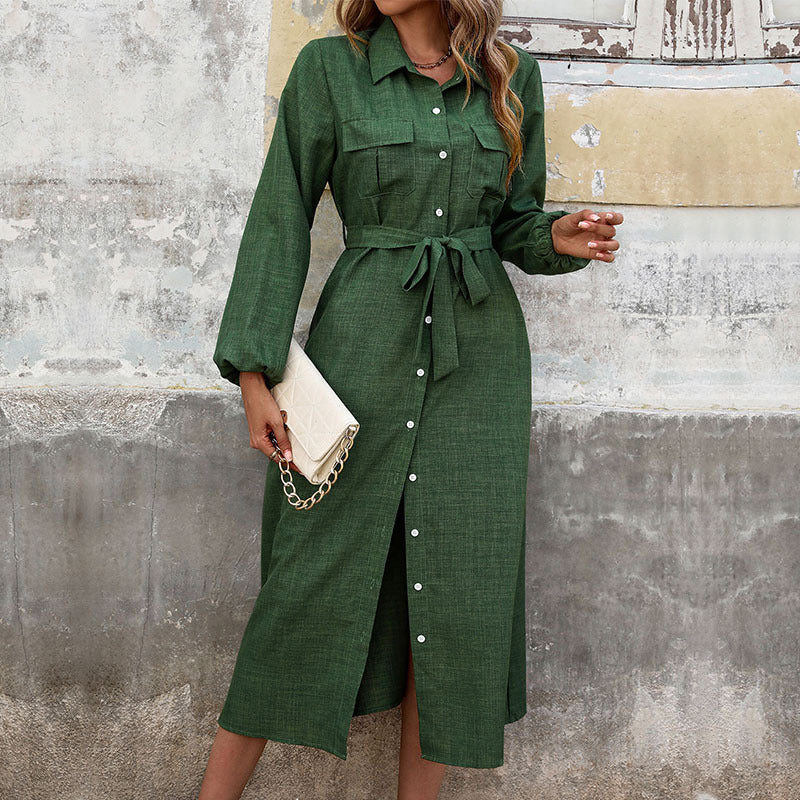 Lapel Long Sleeve Solid Color Green Dress