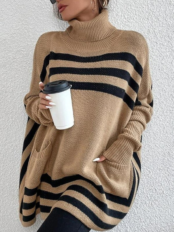 Boutique Striped Turtleneck Pocket Tunic Sweater