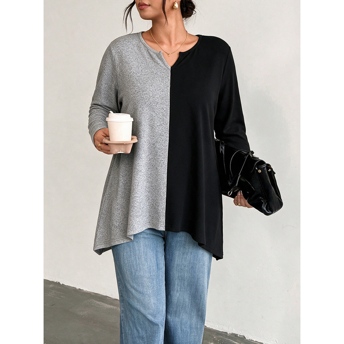 Elevated Plus Size Color Block Notch Neck Tunic