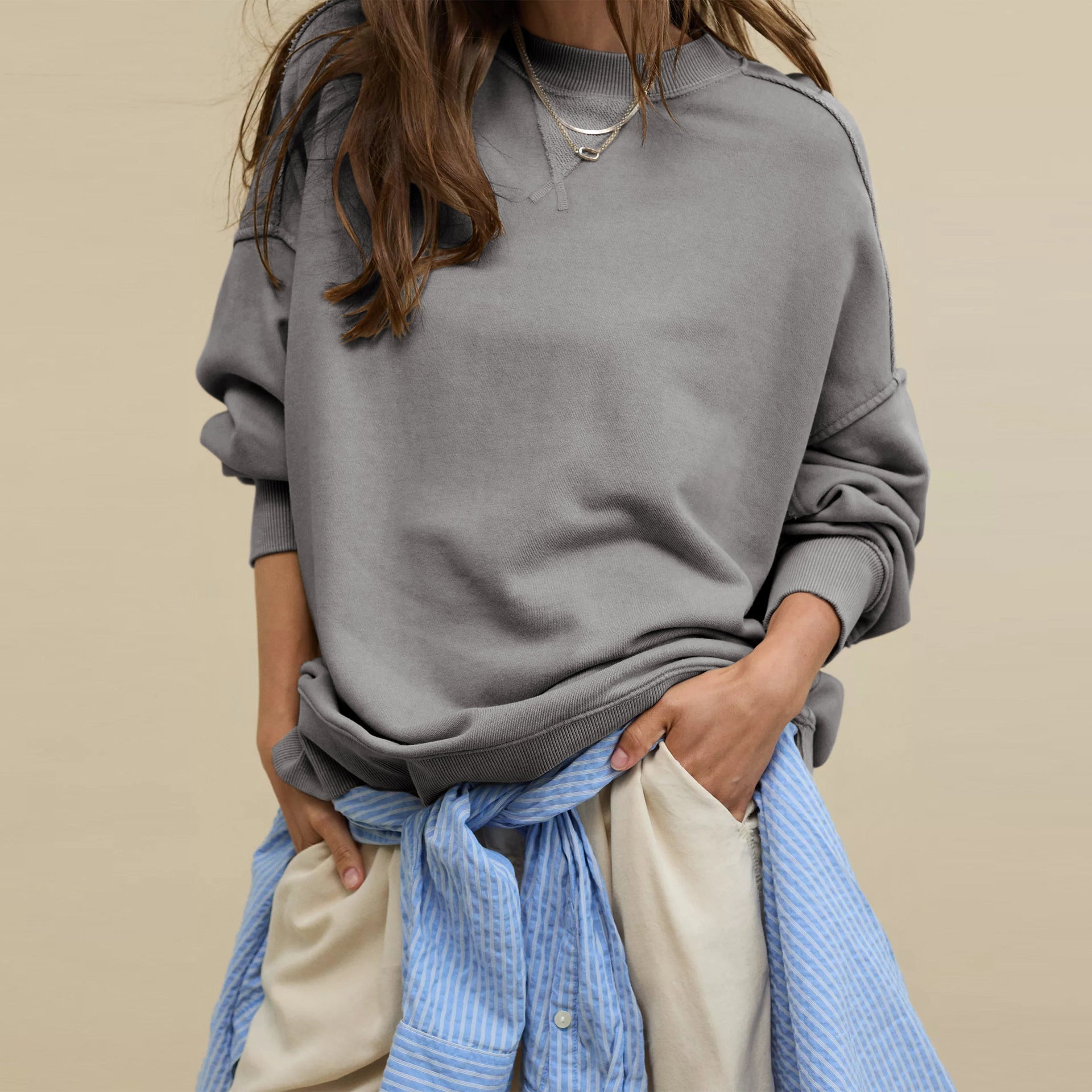 Women’s Oversized Crew Neck Sweatshirt – Exposed Seam Long Sleeve Pullover Tops for Women