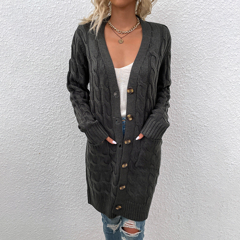 Boutique Cable Knit Longline Button Front Pocket Cardigan