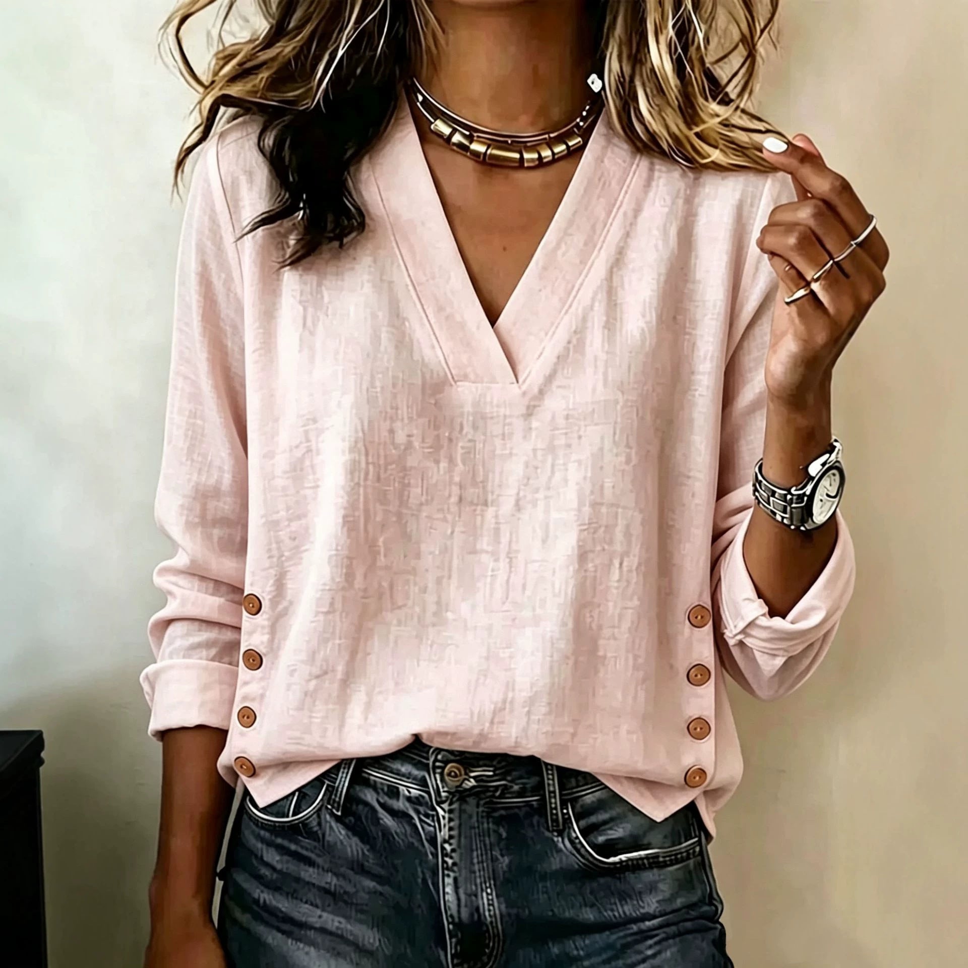 Cotton Linen V-Neck Button Side Top