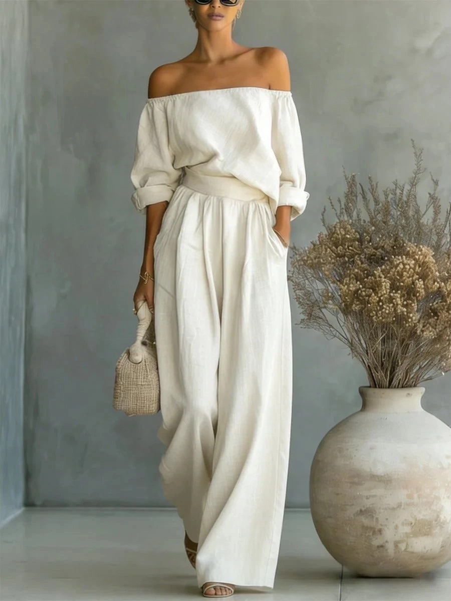 Off Shoulder Top and Wide Leg Pants Two Piece Set for Ladies