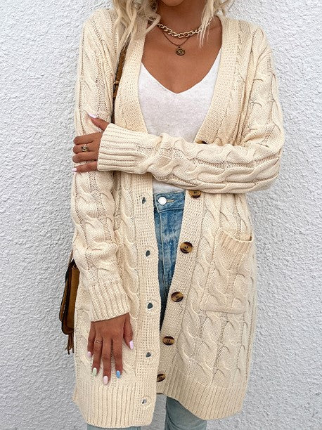 Boutique Cable Knit Longline Button Front Pocket Cardigan