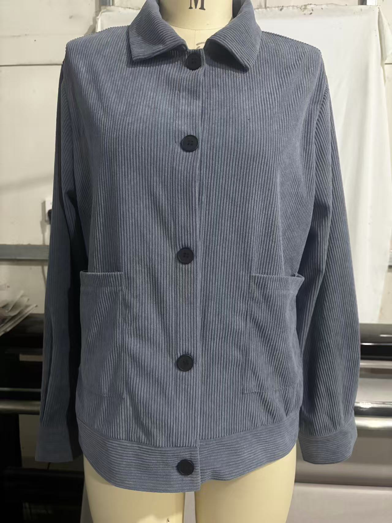 Ribbed Collared Button Front Long Sleeve Patch Pocket Jacket