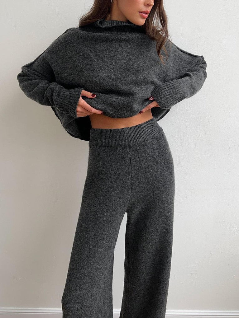 City Casual Mock Neck Knit Top and Wide Leg Pants Set
