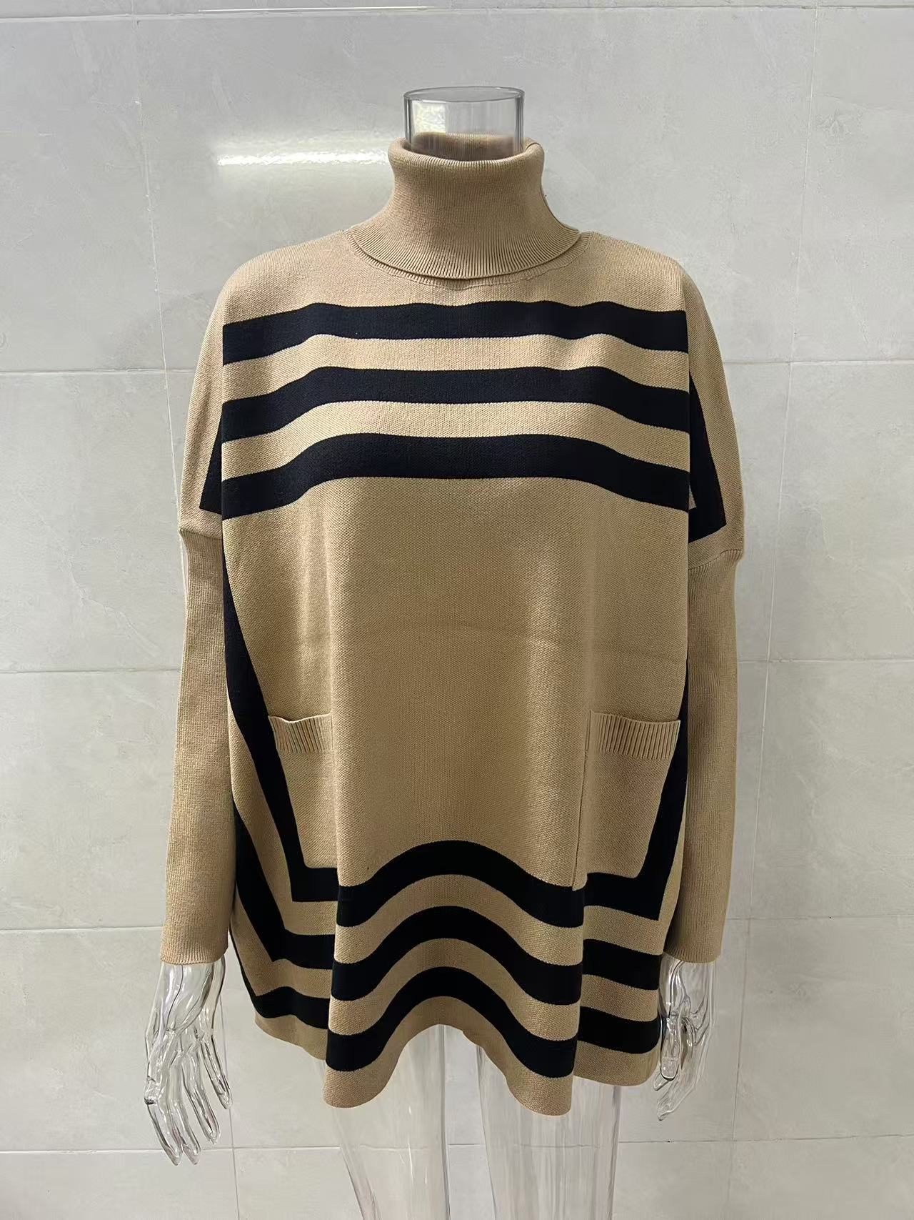 Boutique Striped Turtleneck Pocket Tunic Sweater